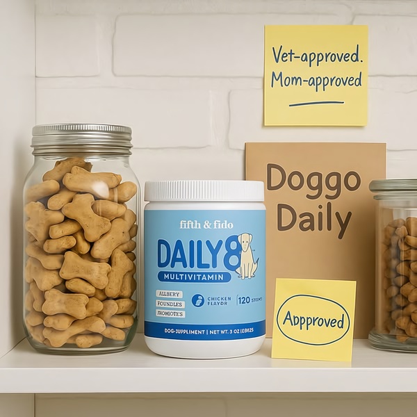 A clean, minimalist product shot of a dog multivitamin container surrounded by treats, utilizing handwritten post-it notes to signal social proof and expert approval.